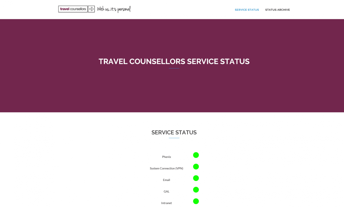travel counsellors service status homepage screenshot